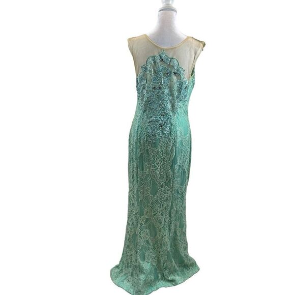 Mint Green and Silver Lace Mac Duggar Floor Length Prom Gown Size 12 - Picture 7 of 16